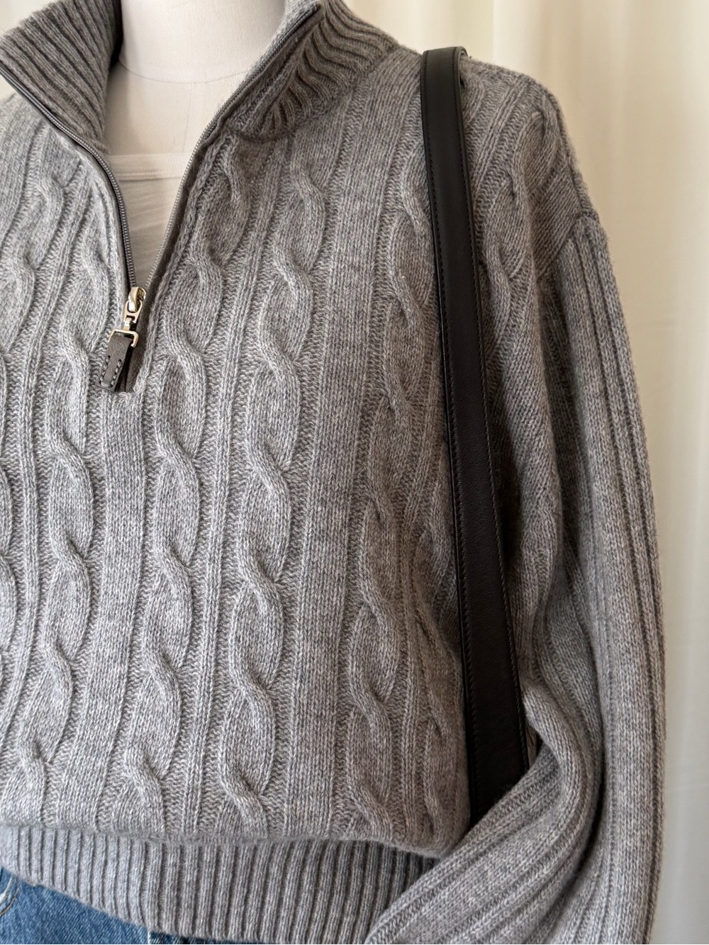 Gianetti Grey Cable Knit Quarter Zip Sweater Wool Blend Size XL Preppy.